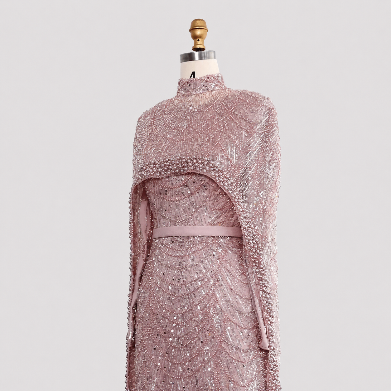 Luxury Wine Red Pearl Beaded Evening Gown with High Neck Cape Overlay SL178
