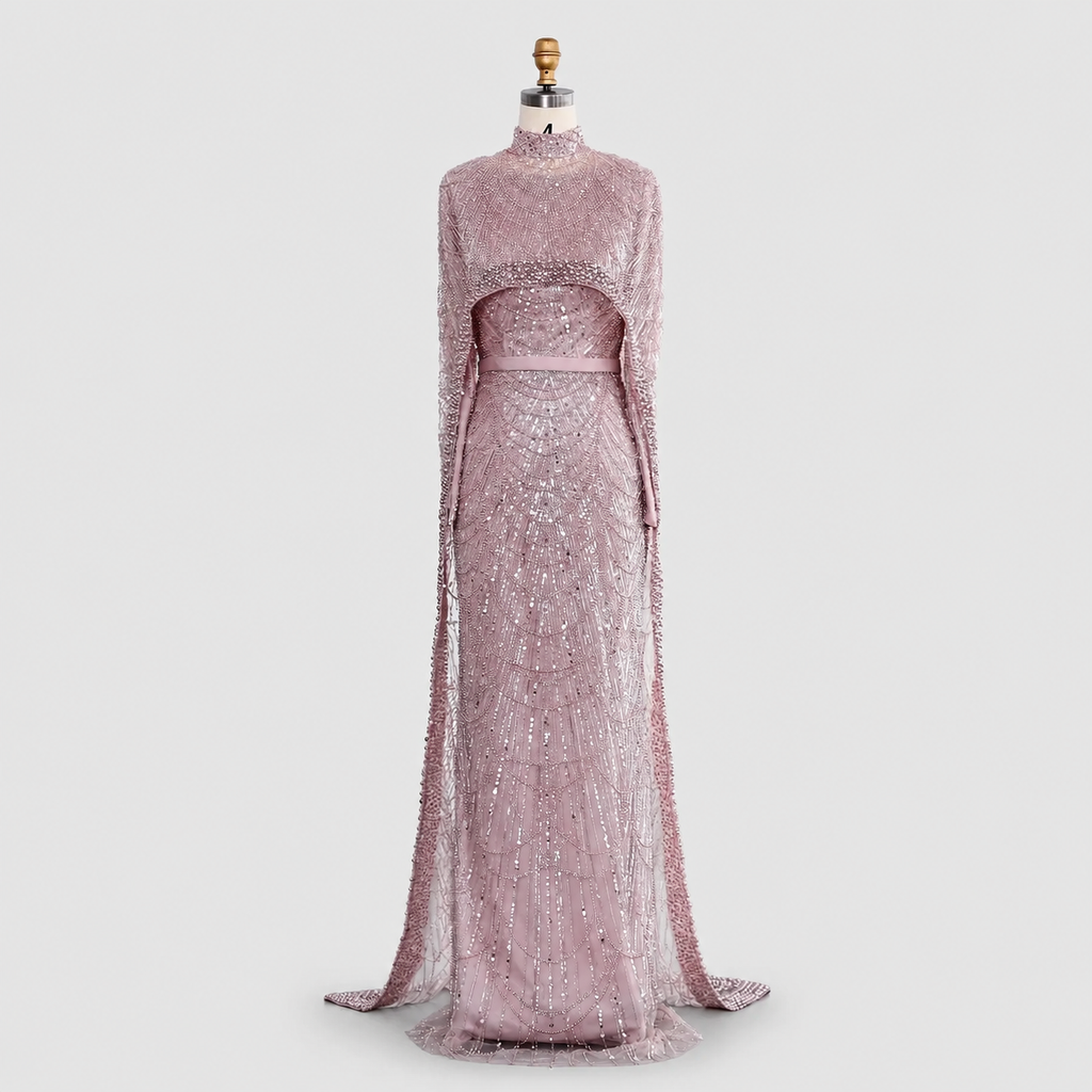 Luxury Wine Red Pearl Beaded Evening Gown with High Neck Cape Overlay SL178