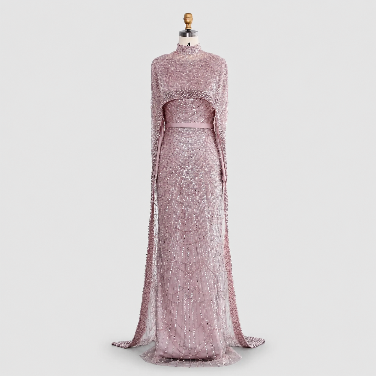 Luxury Wine Red Pearl Beaded Evening Gown with High Neck Cape Overlay SL178