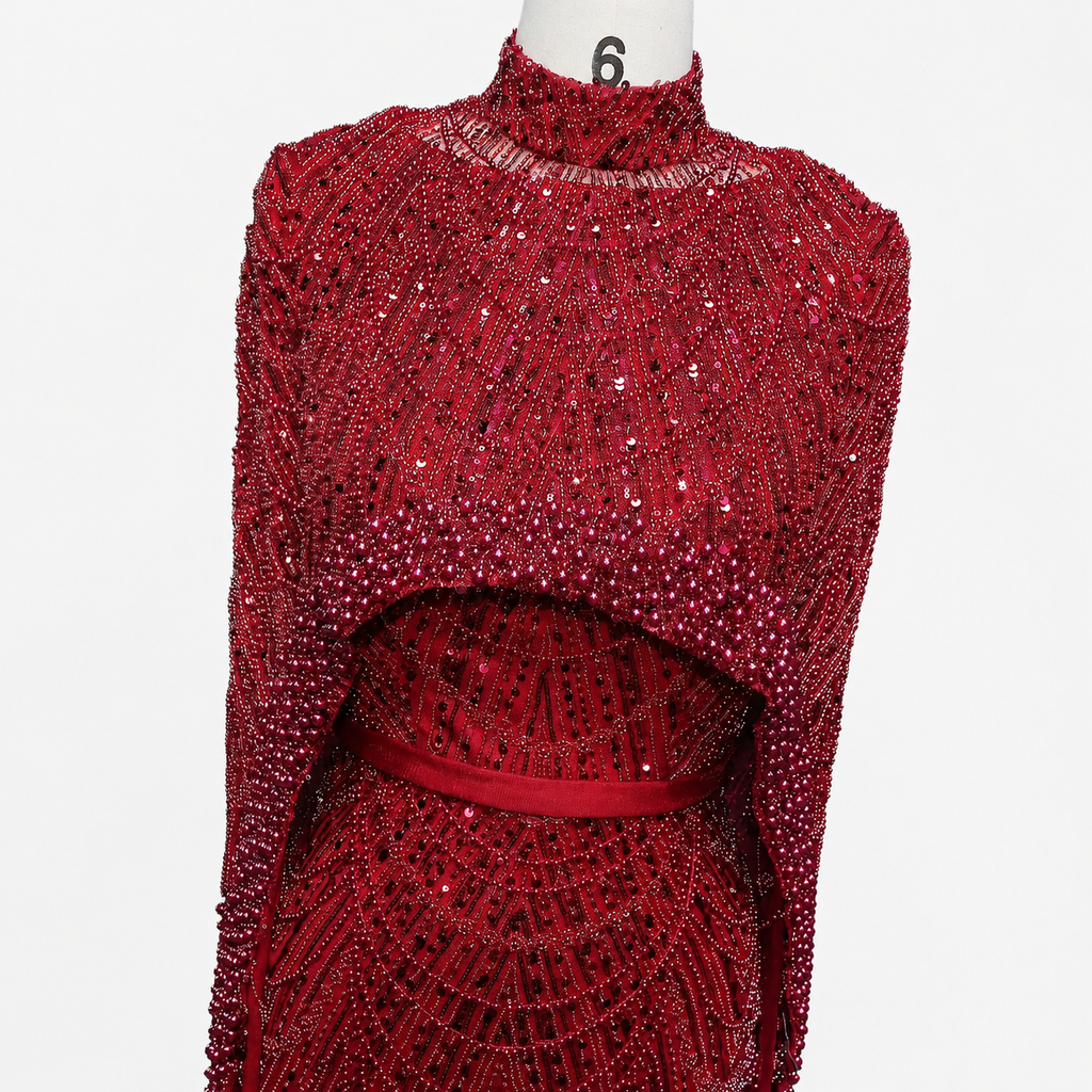 Luxury Wine Red Pearl Beaded Evening Gown with High Neck Cape Overlay SL178