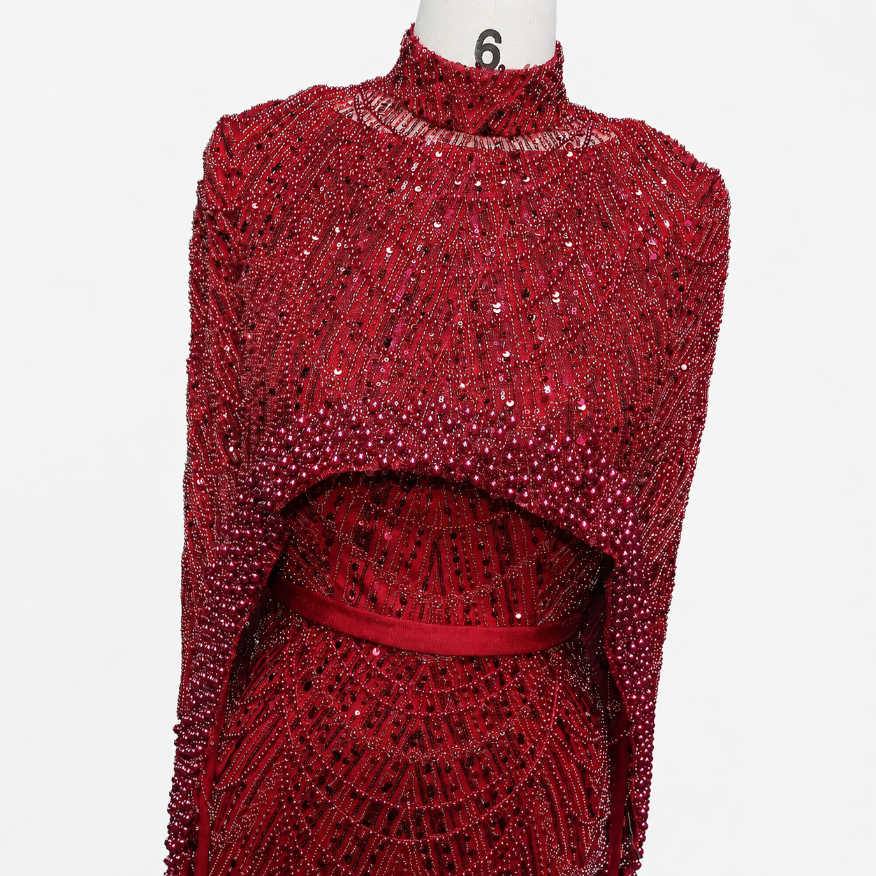 Luxury Wine Red Pearl Beaded Evening Gown with High Neck Cape Overlay SL178