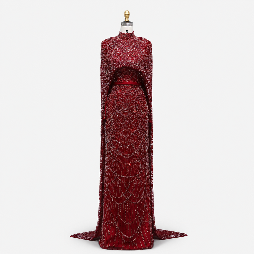 Luxury Wine Red Pearl Beaded Evening Gown with High Neck Cape Overlay SL178