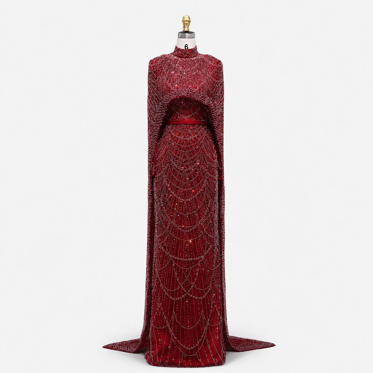 Luxury Wine Red Pearl Beaded Evening Gown with High Neck Cape Overlay SL178