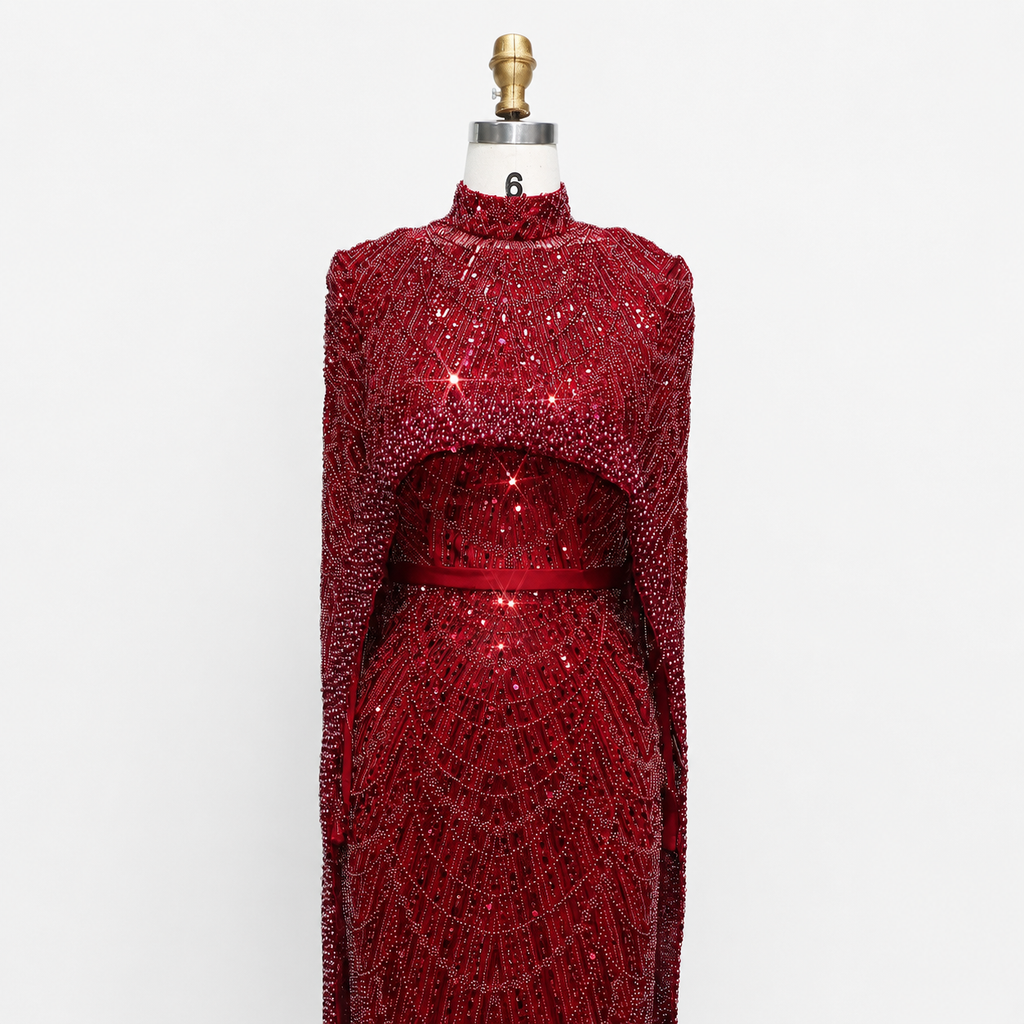 Luxury Wine Red Pearl Beaded Evening Gown with High Neck Cape Overlay SL178