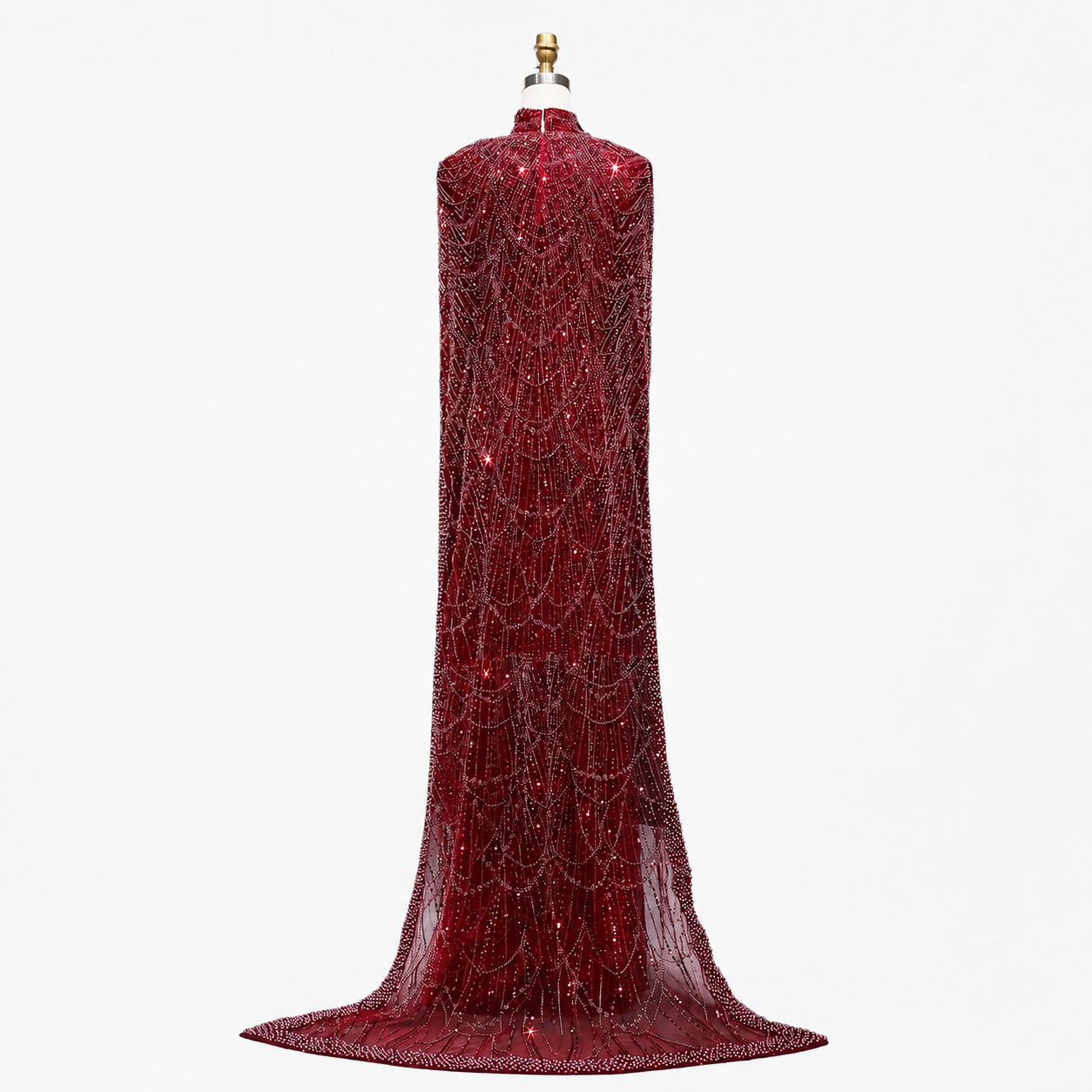 Luxury Wine Red Pearl Beaded Evening Gown with High Neck Cape Overlay SL178