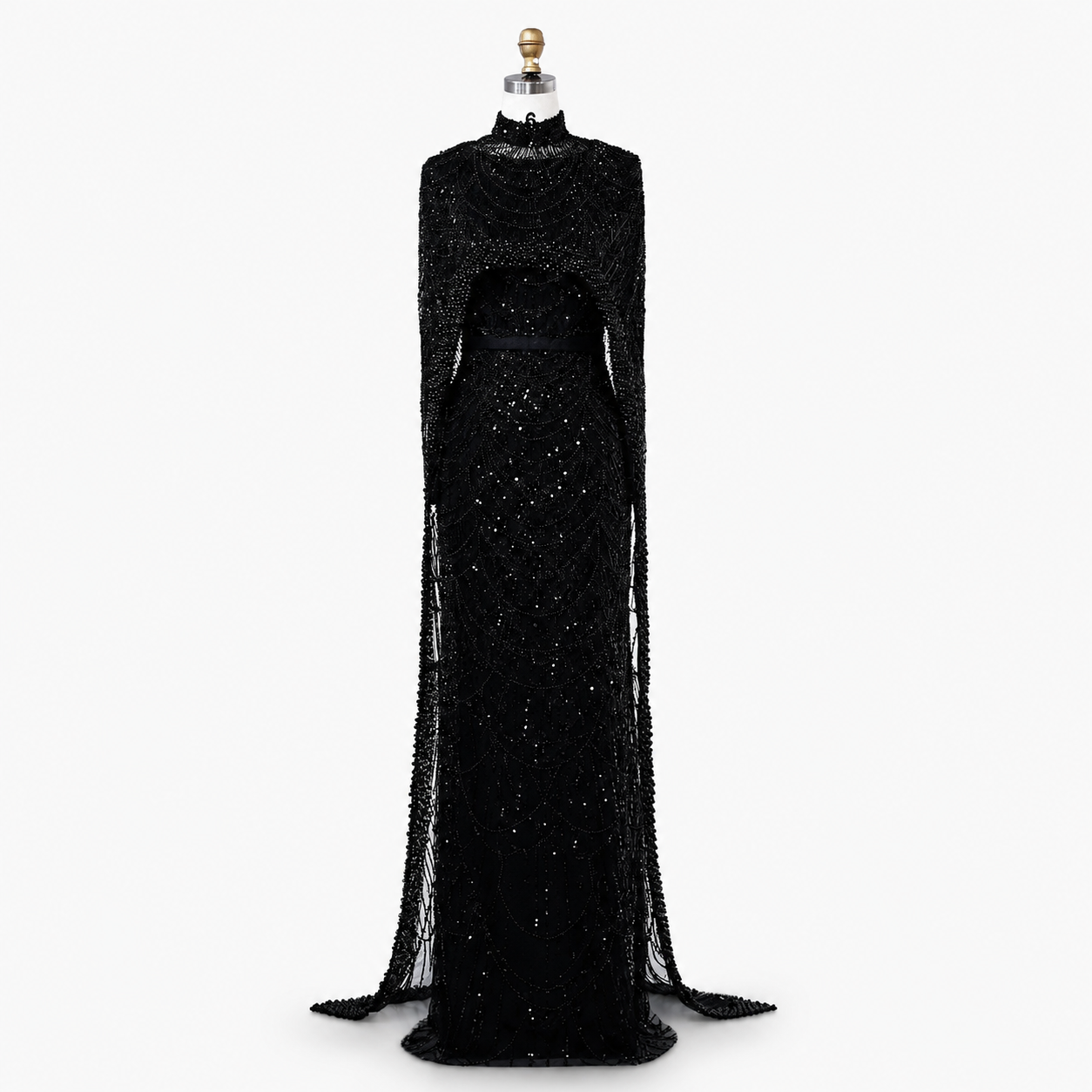 Luxury Wine Red Pearl Beaded Evening Gown with High Neck Cape Overlay SL178
