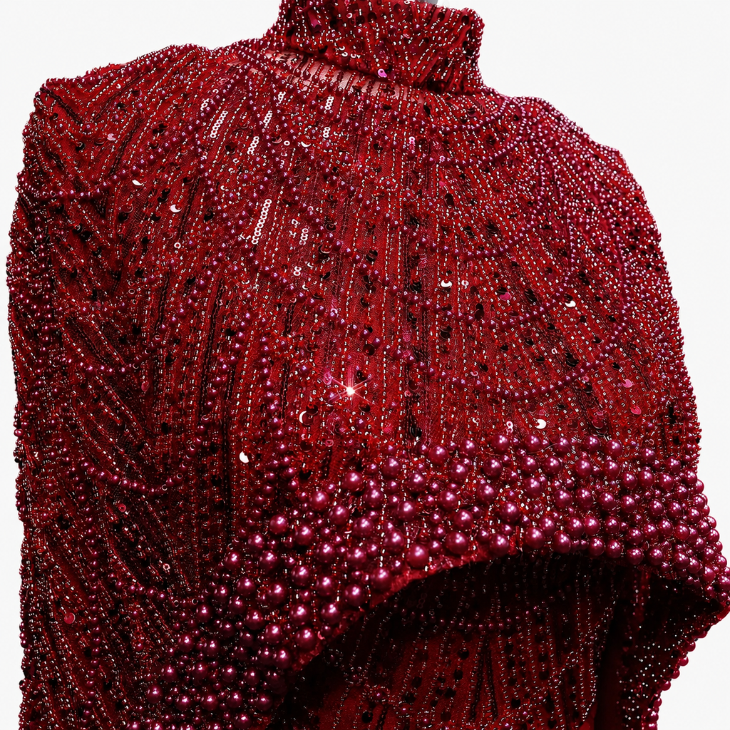 Luxury Wine Red Pearl Beaded Evening Gown with High Neck Cape Overlay SL178