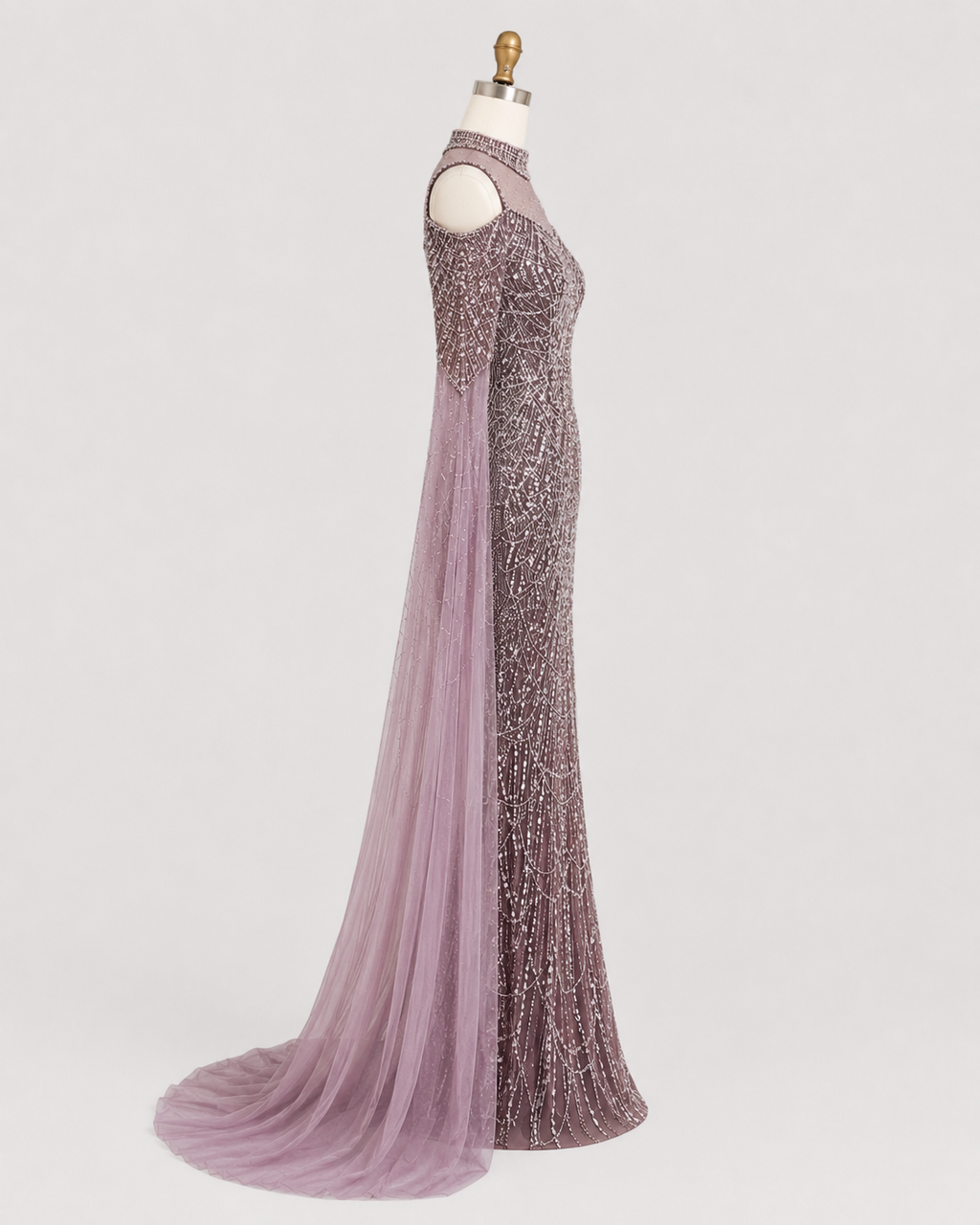 Purple Beaded Evening Gown with Illusion High Neck and Tulle Cape Sleeves SL179