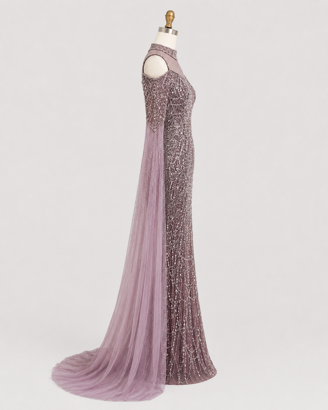 Purple Beaded Evening Gown with Illusion High Neck and Tulle Cape Sleeves SL179