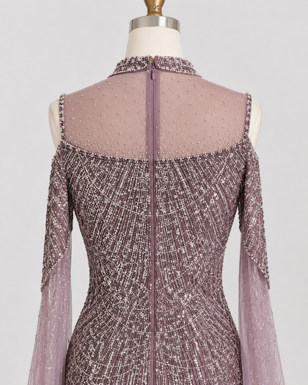 Purple Beaded Evening Gown with Illusion High Neck and Tulle Cape Sleeves SL179