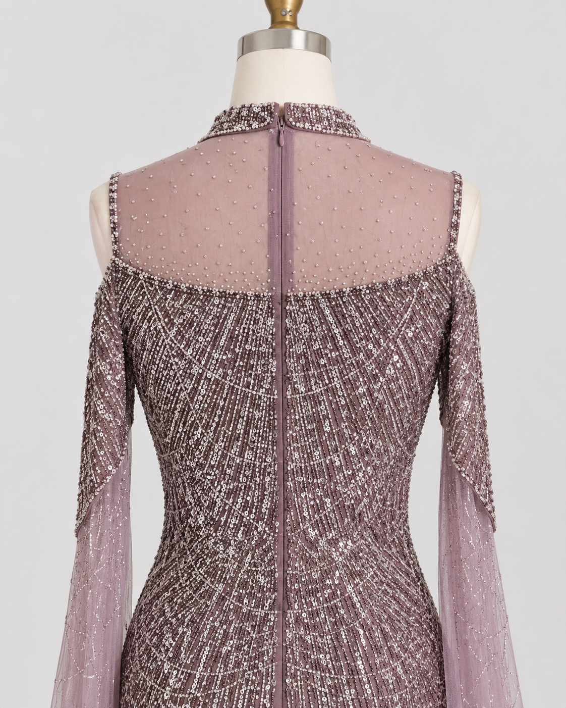 Purple Beaded Evening Gown with Illusion High Neck and Tulle Cape Sleeves SL179