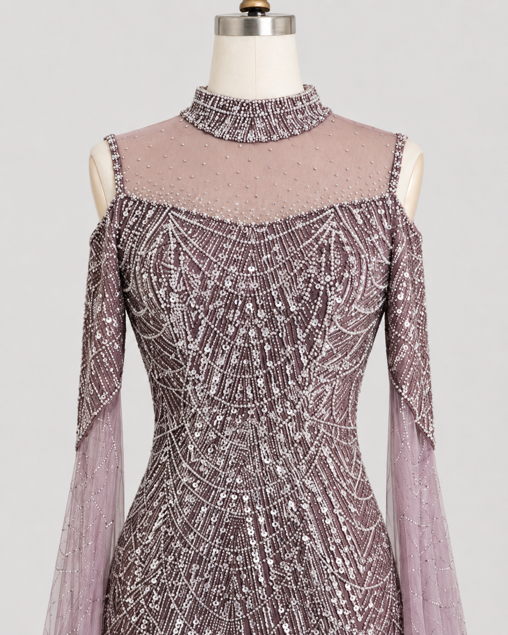 Purple Beaded Evening Gown with Illusion High Neck and Tulle Cape Sleeves SL179
