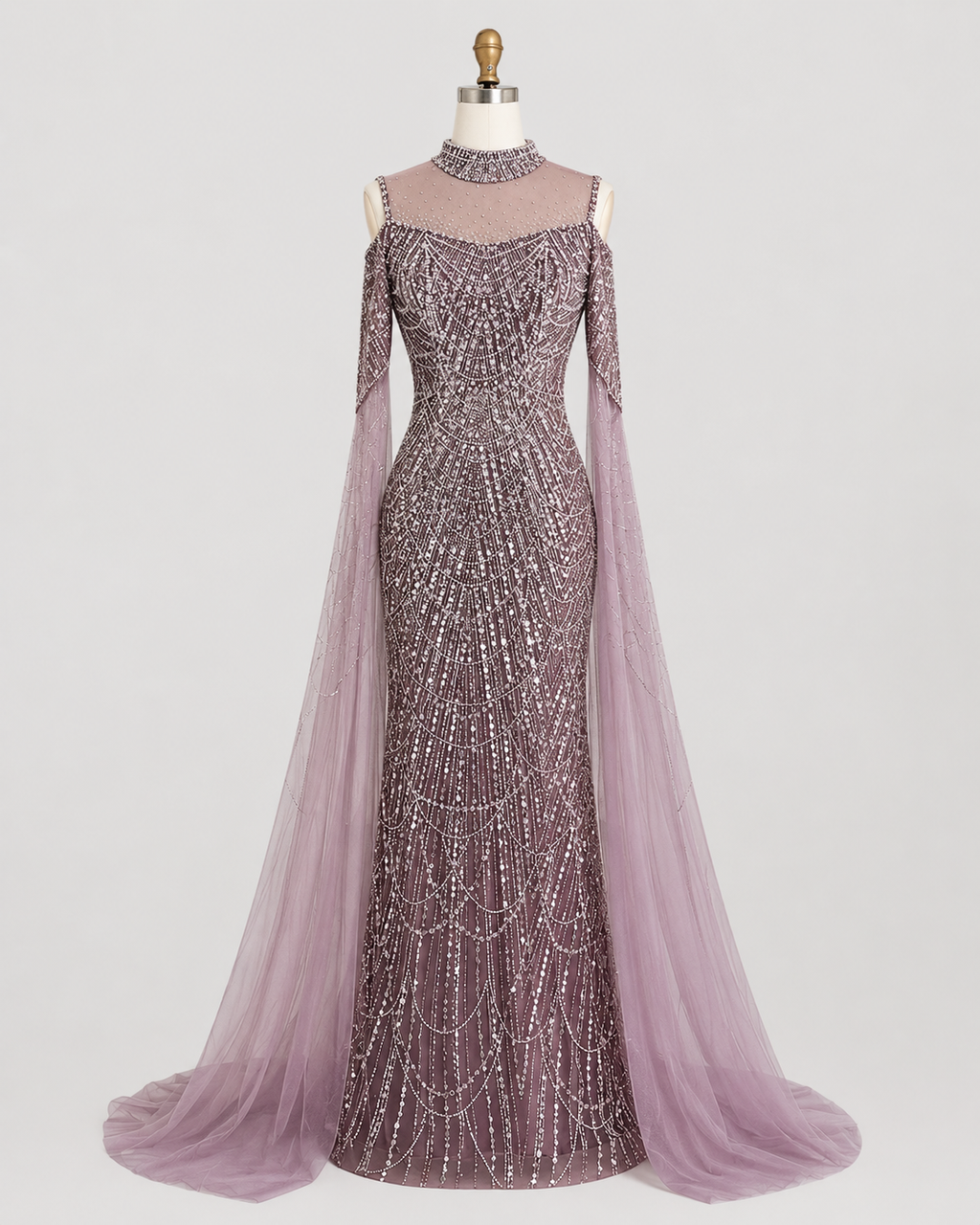 Purple Beaded Evening Gown with Illusion High Neck and Tulle Cape Sleeves SL179