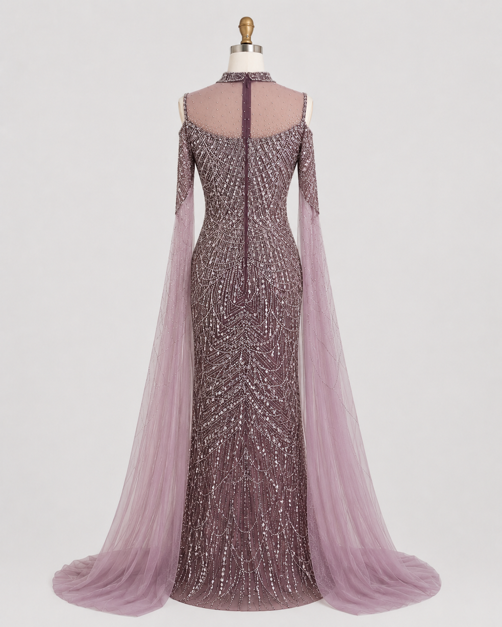 Purple Beaded Evening Gown with Illusion High Neck and Tulle Cape Sleeves SL179