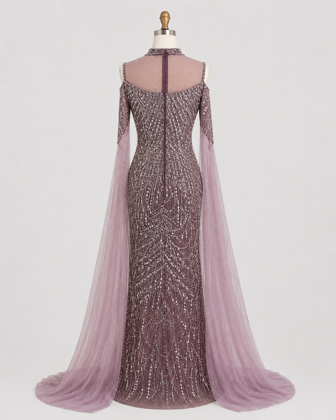 Purple Beaded Evening Gown with Illusion High Neck and Tulle Cape Sleeves SL179
