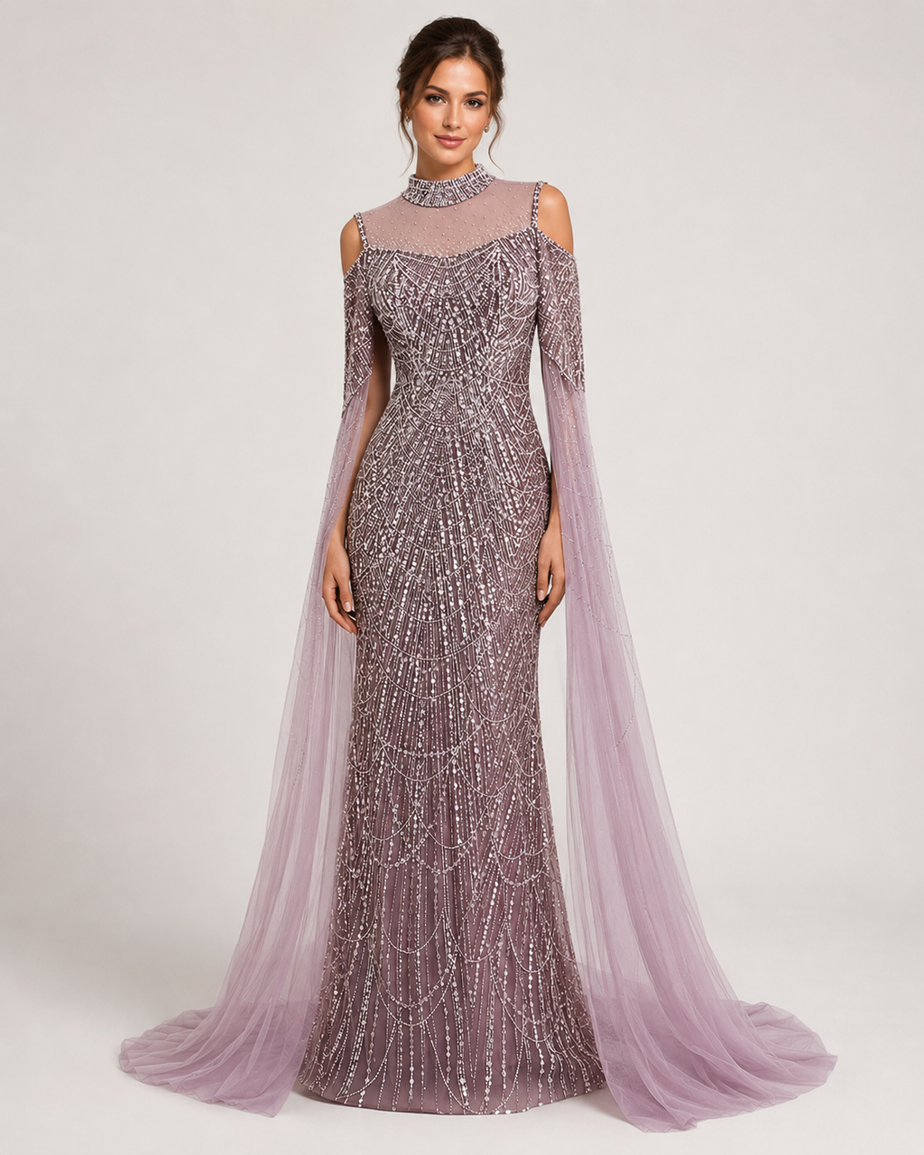 Purple Beaded Evening Gown with Illusion High Neck and Tulle Cape Sleeves SL179