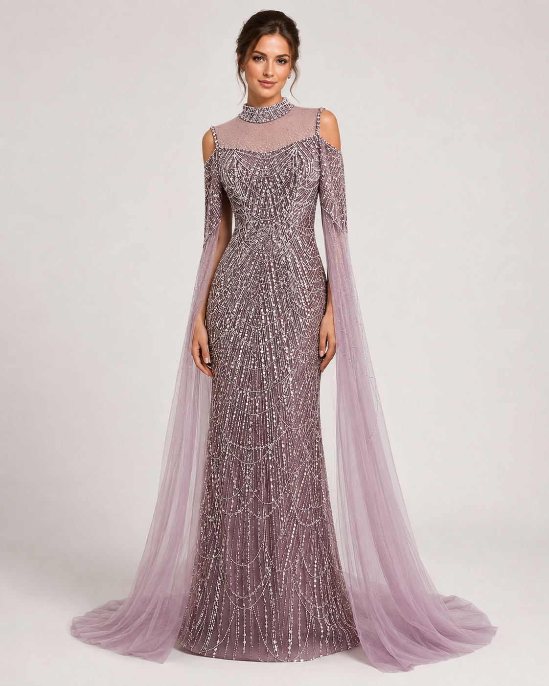 Purple Beaded Evening Gown with Illusion High Neck and Tulle Cape Sleeves SL179