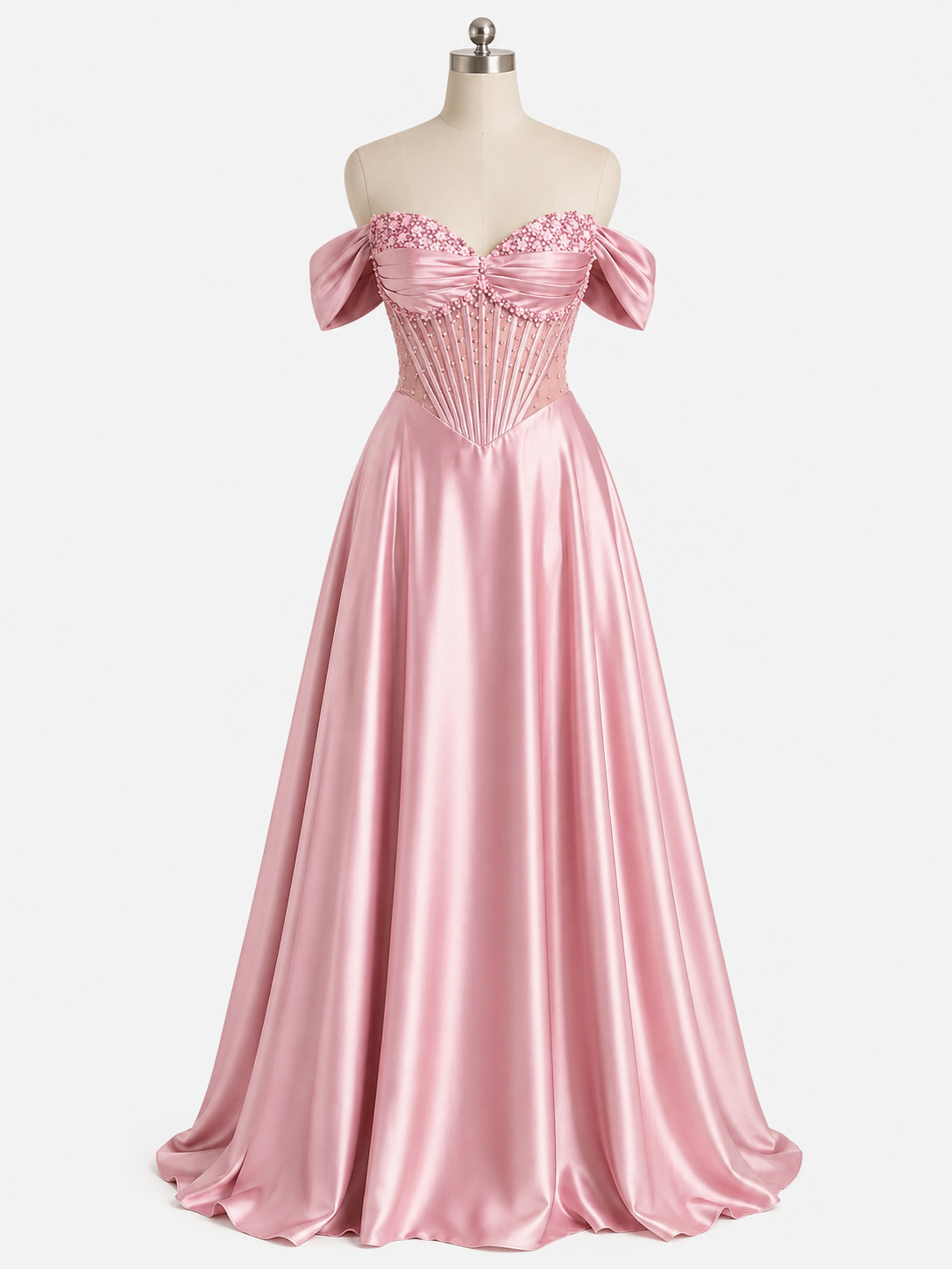 Elegent Pink Satin Off-Shoulder Corset Evening Gown SL180