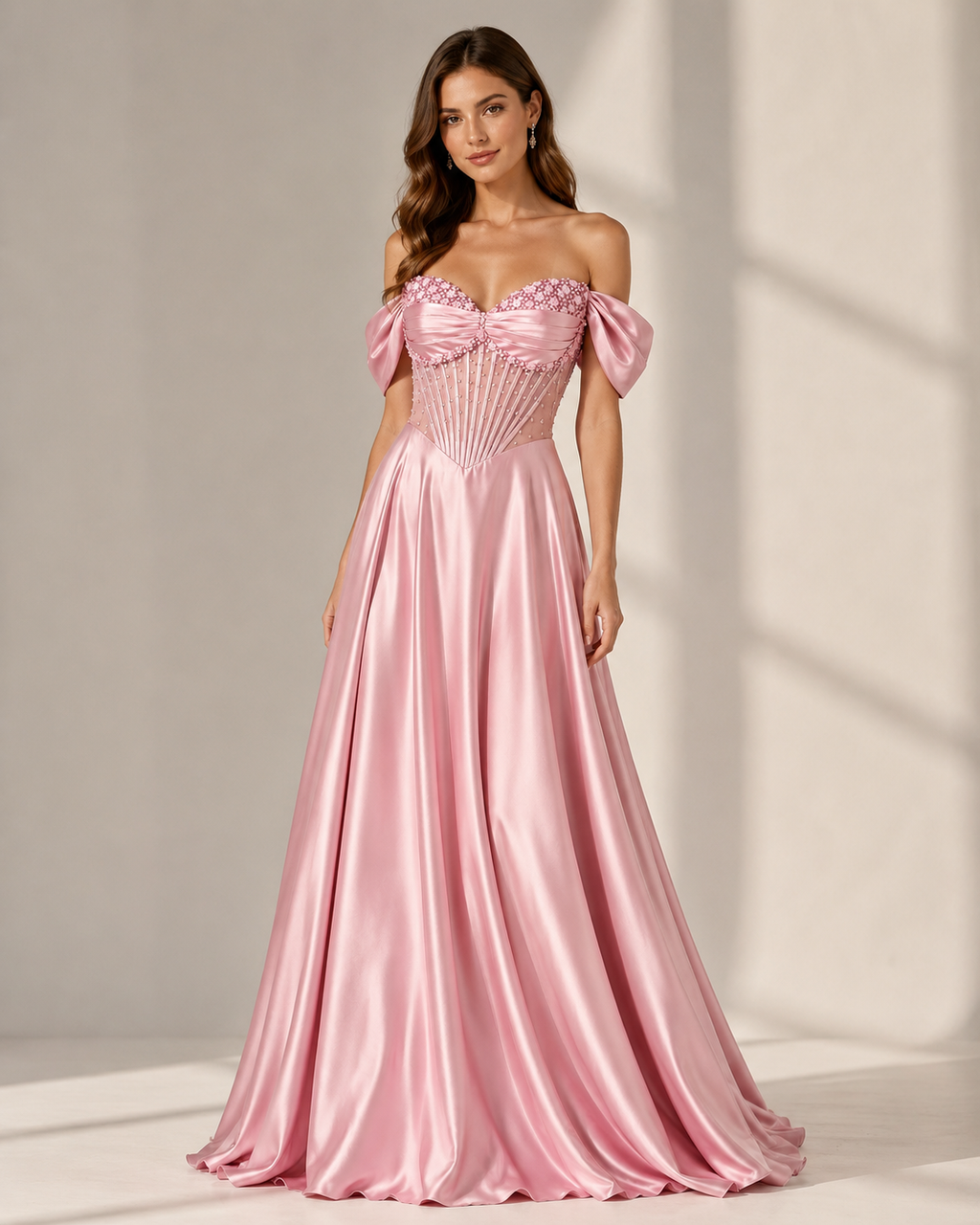 Elegent Pink Satin Off-Shoulder Corset Evening Gown SL180
