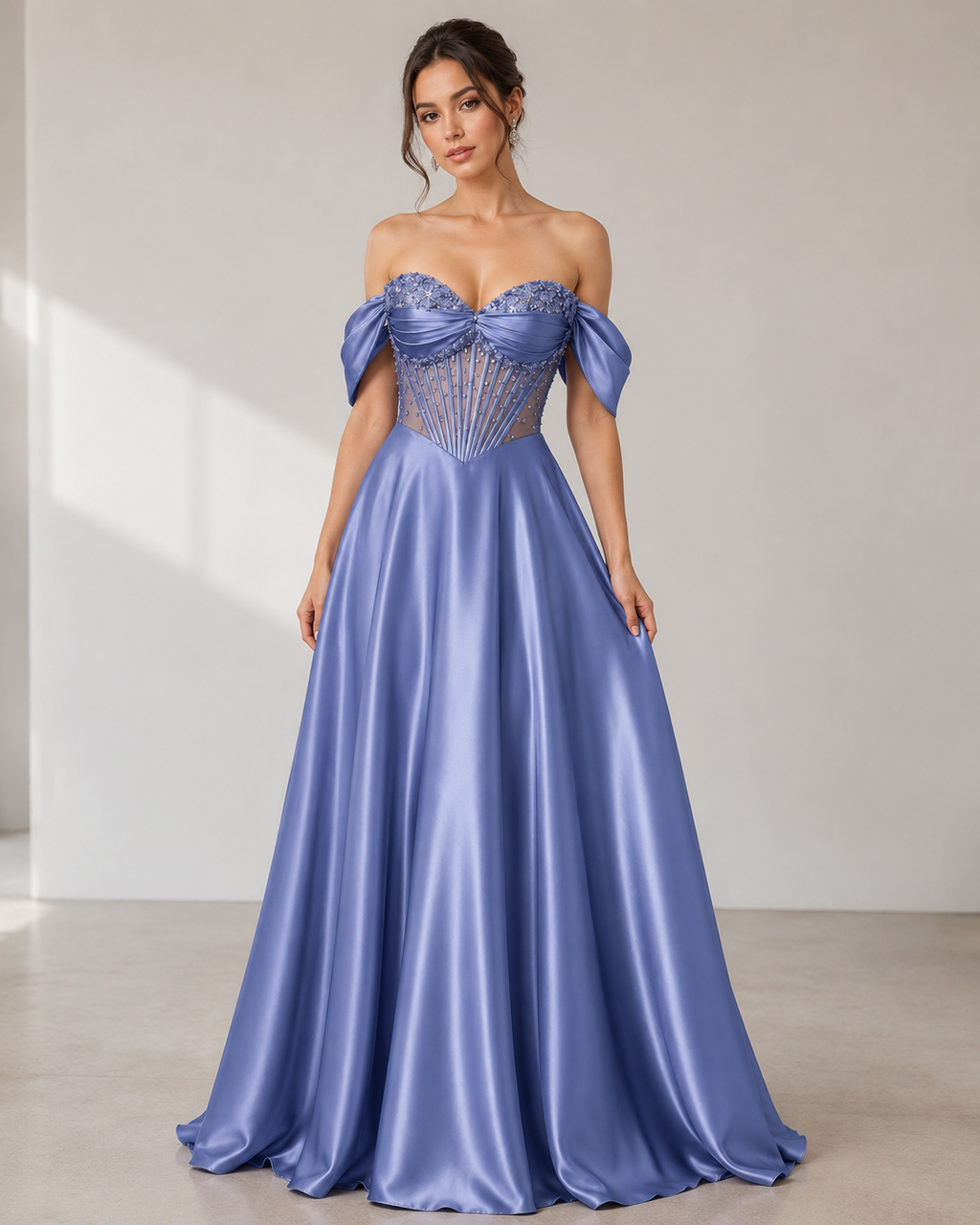 Elegent Pink Satin Off-Shoulder Corset Evening Gown SL180