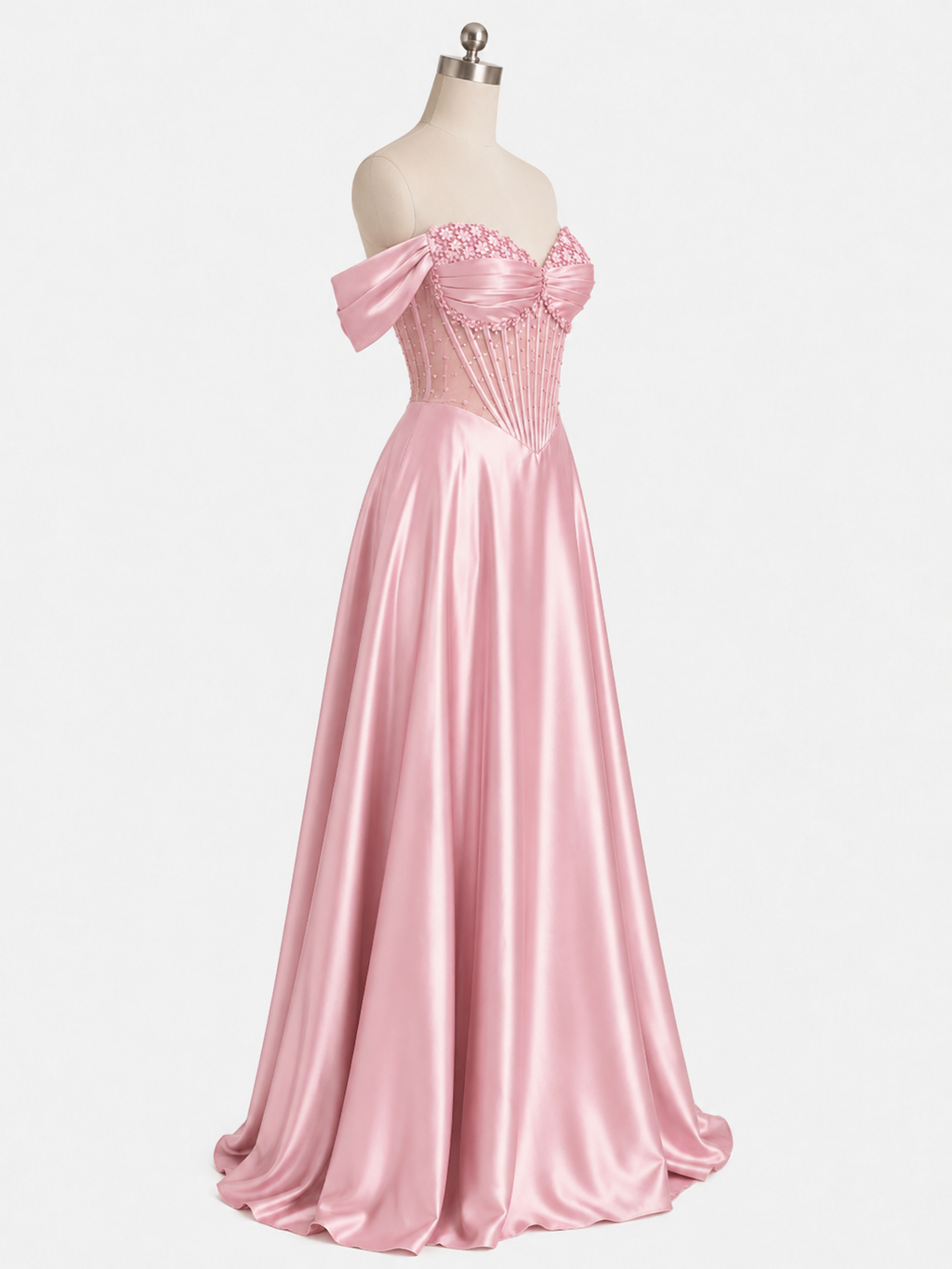 Elegent Pink Satin Off-Shoulder Corset Evening Gown SL180