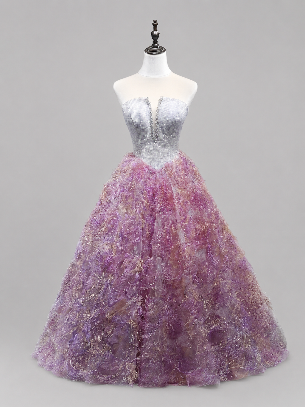 Silver Strapless Ball Gown with Lavender Feather Skirt SL181