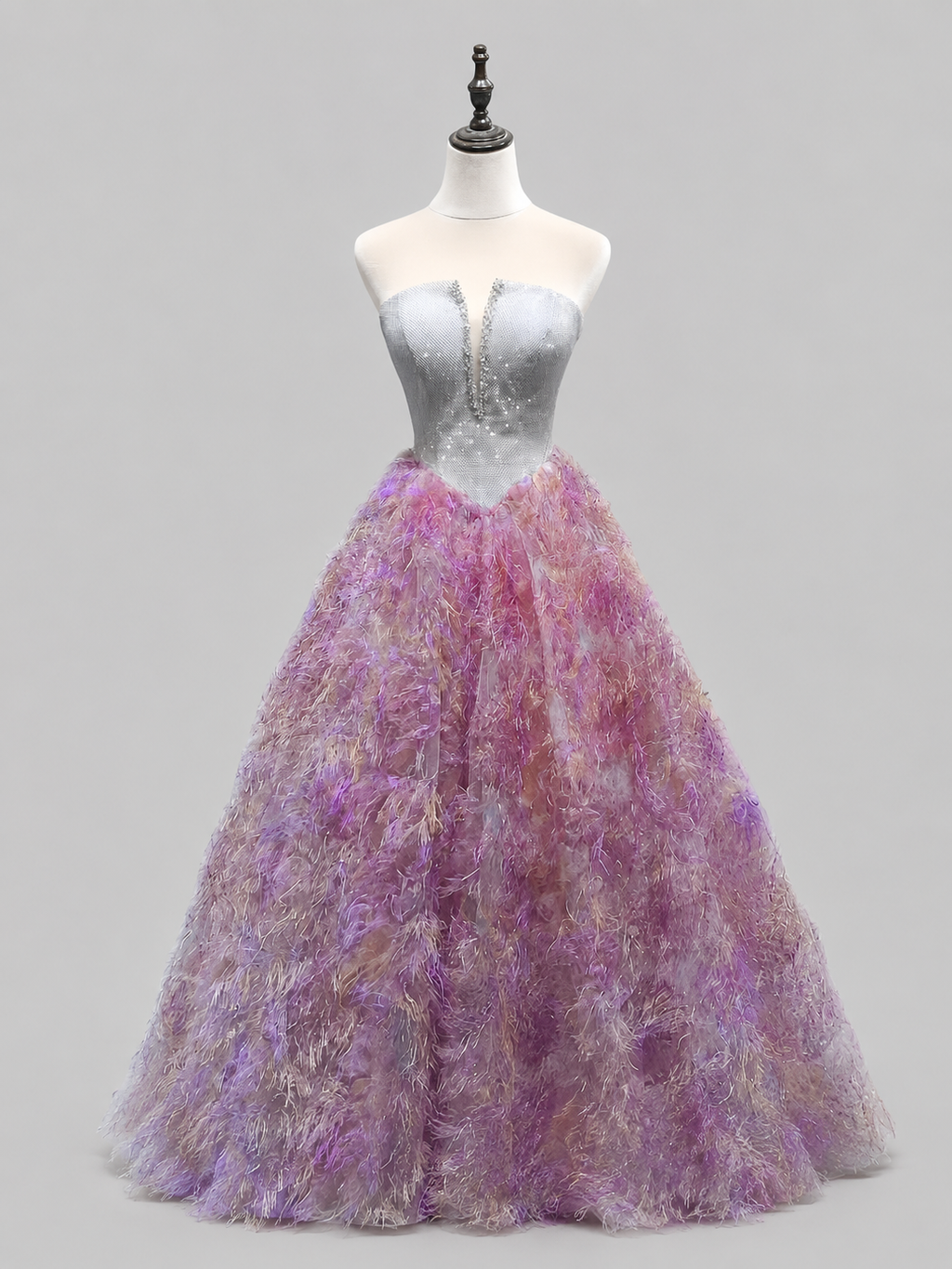 Silver Strapless Ball Gown with Lavender Feather Skirt SL181