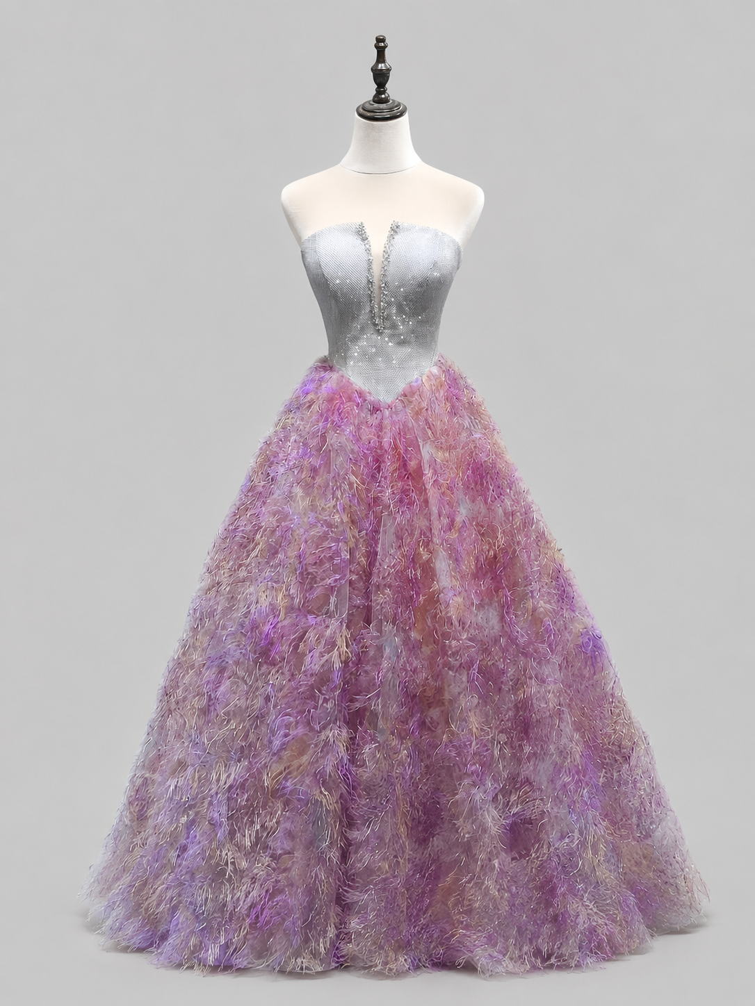 Silver Strapless Ball Gown with Lavender Feather Skirt SL181