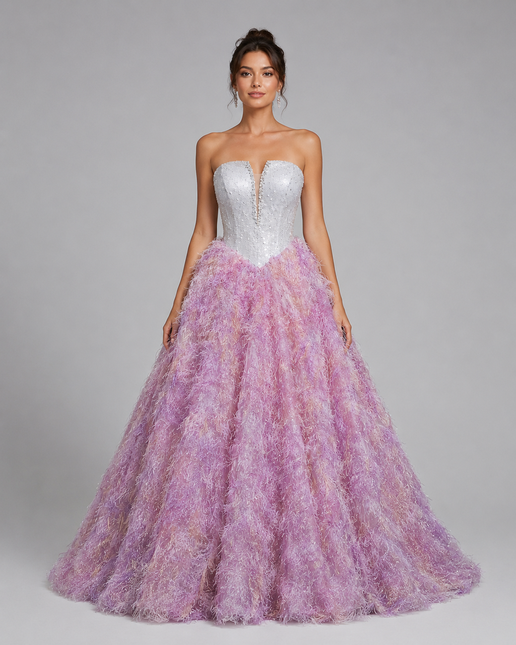 Silver Strapless Ball Gown with Lavender Feather Skirt SL181