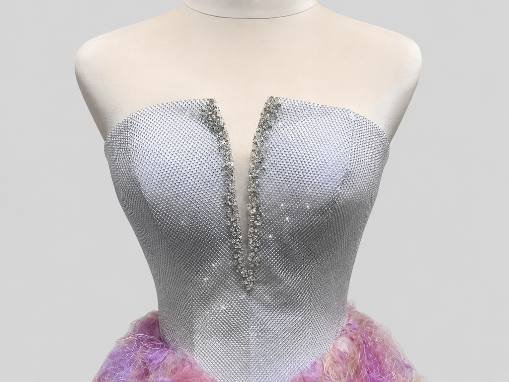 Silver Strapless Ball Gown with Lavender Feather Skirt SL181