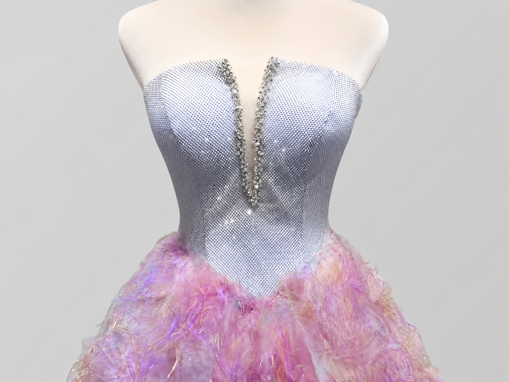 Silver Strapless Ball Gown with Lavender Feather Skirt SL181