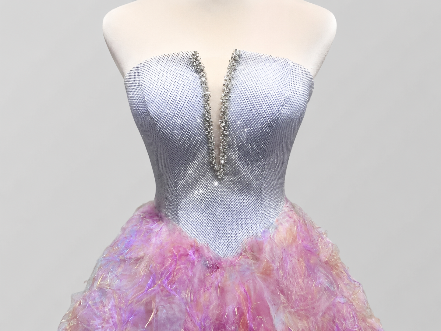 Silver Strapless Ball Gown with Lavender Feather Skirt SL181