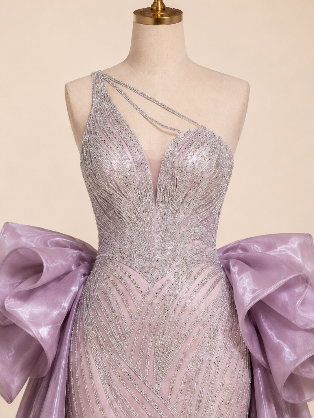 Dusty Lilac One-Shoulder Crystal Evening Gown with Oversized Satin Wrap SL183