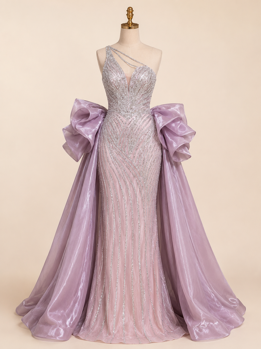 Dusty Lilac One-Shoulder Crystal Evening Gown with Oversized Satin Wrap SL183