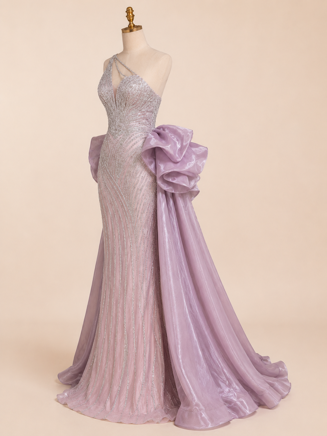Dusty Lilac One-Shoulder Crystal Evening Gown with Oversized Satin Wrap SL183