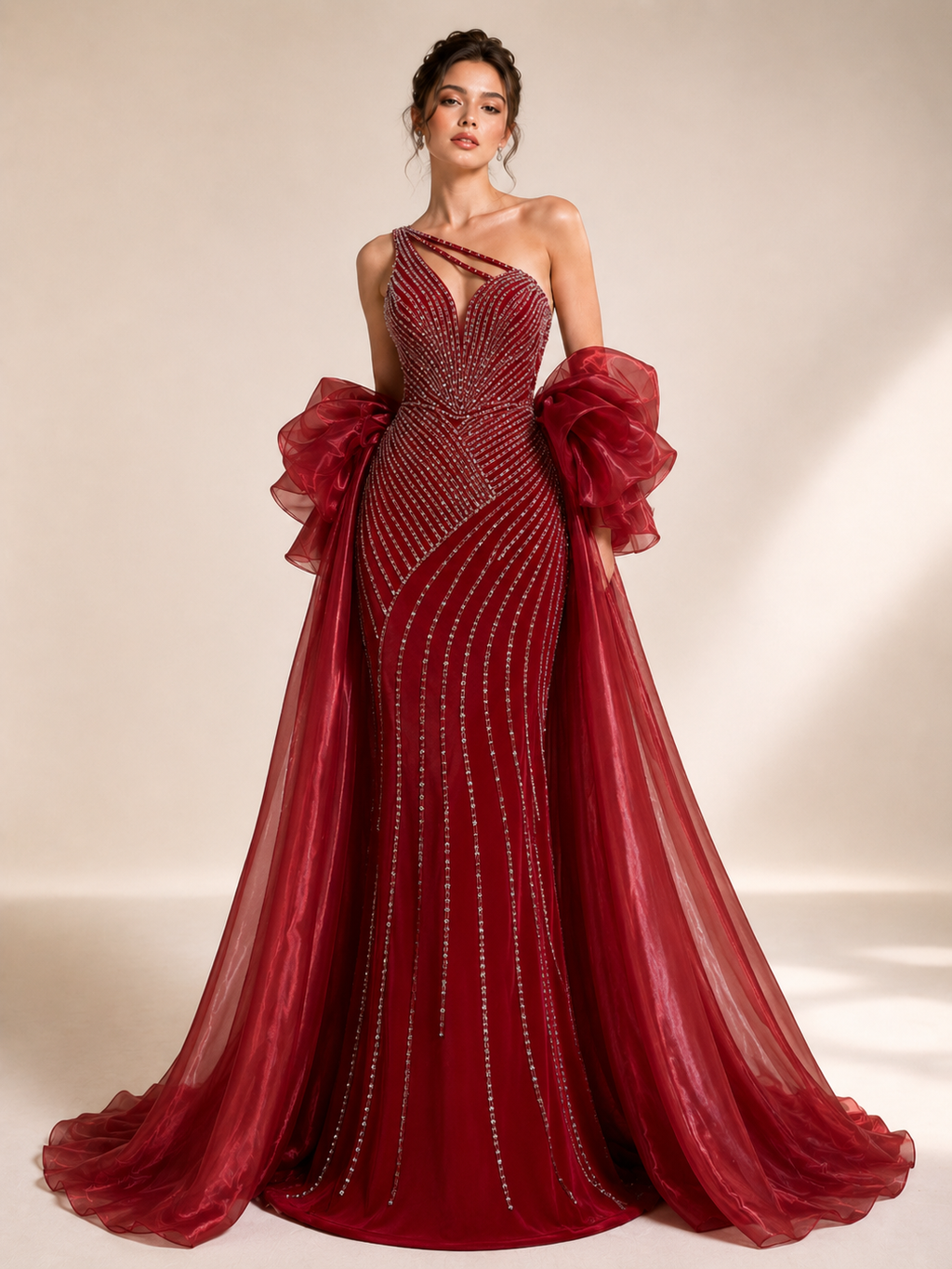 Dusty Lilac One-Shoulder Crystal Evening Gown with Oversized Satin Wrap SL183