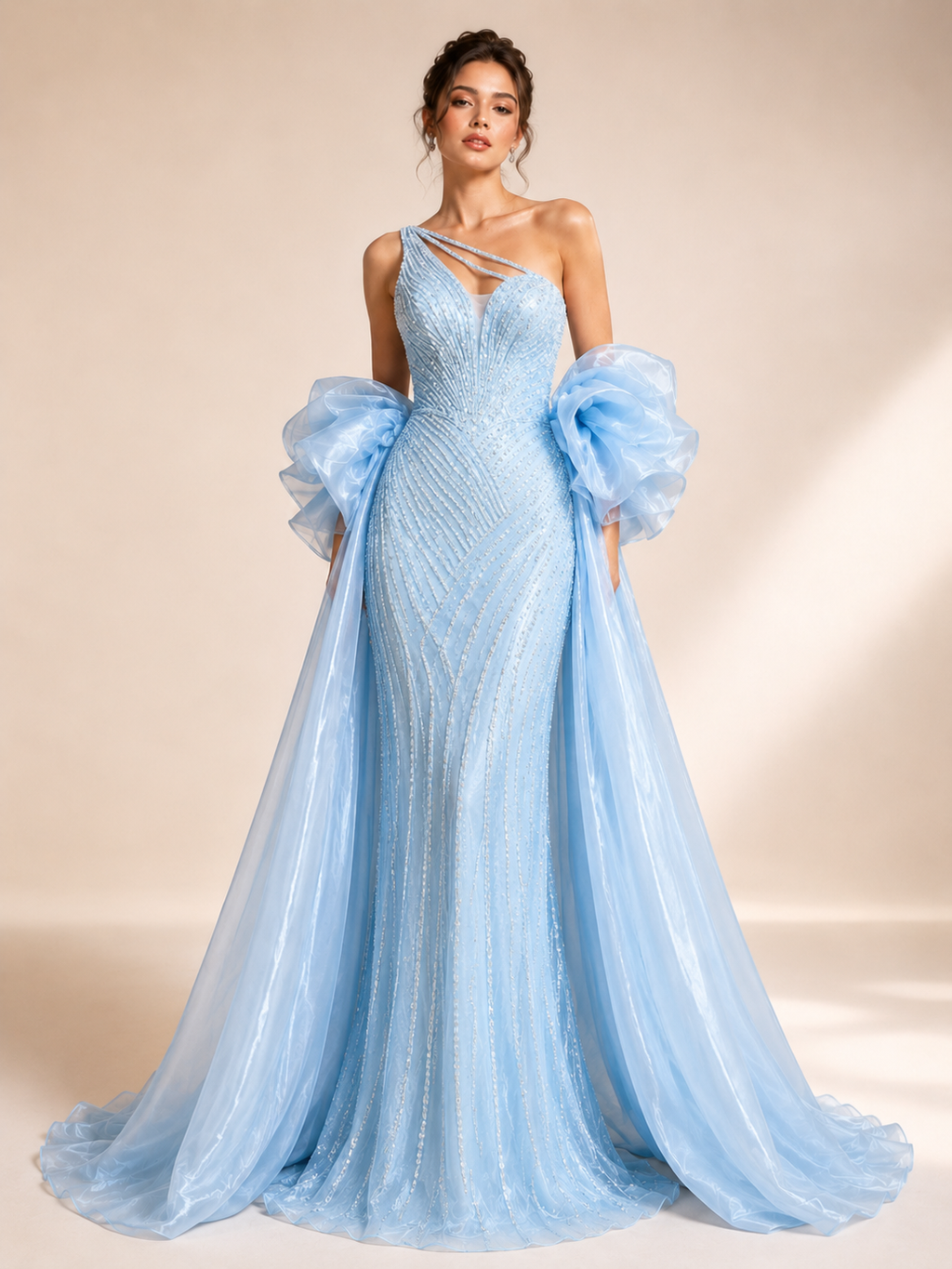 Dusty Lilac One-Shoulder Crystal Evening Gown with Oversized Satin Wrap SL183