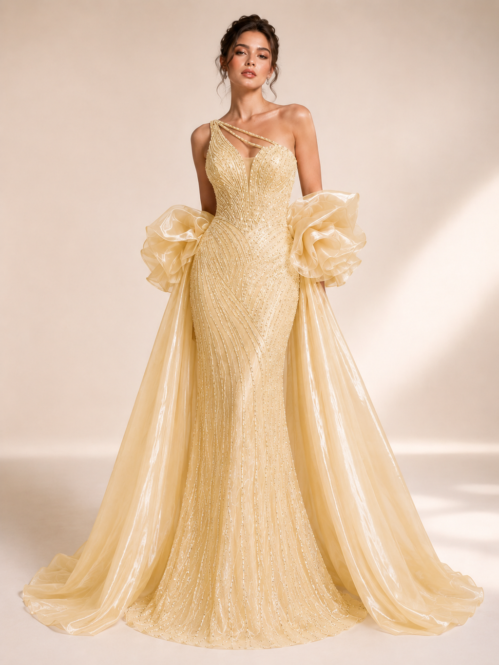 Dusty Lilac One-Shoulder Crystal Evening Gown with Oversized Satin Wrap SL183