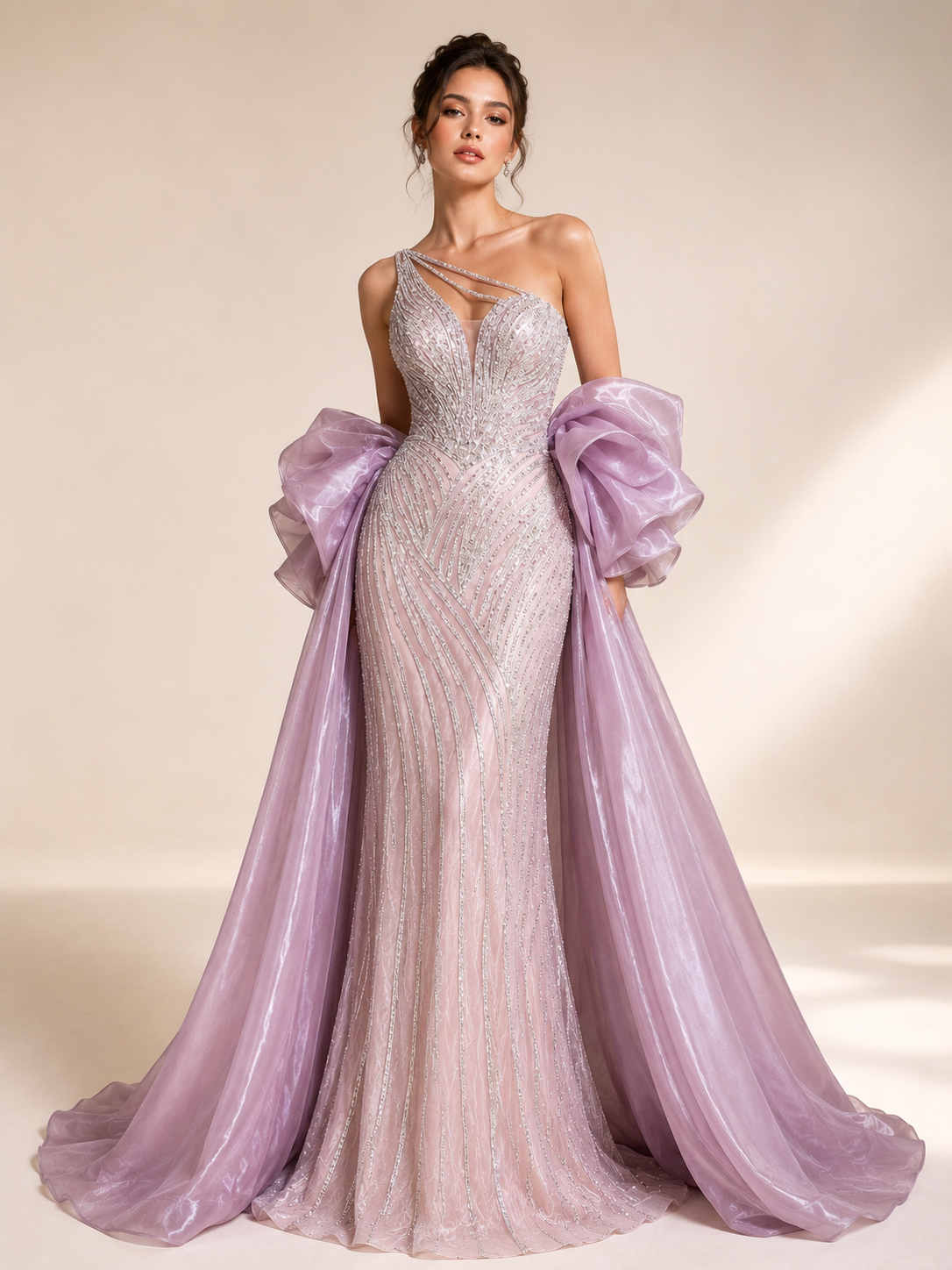 Dusty Lilac One-Shoulder Crystal Evening Gown with Oversized Satin Wrap SL183