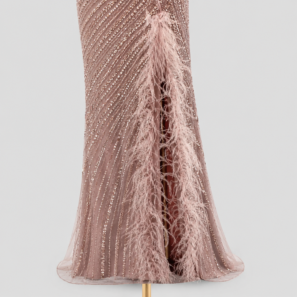 Dusty Blush One-Shoulder Beaded Evening Gown with Feather Slit Detail SL184