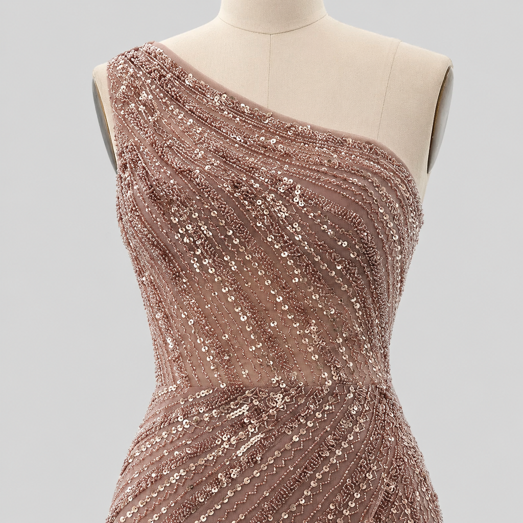 Dusty Blush One-Shoulder Beaded Evening Gown with Feather Slit Detail SL184