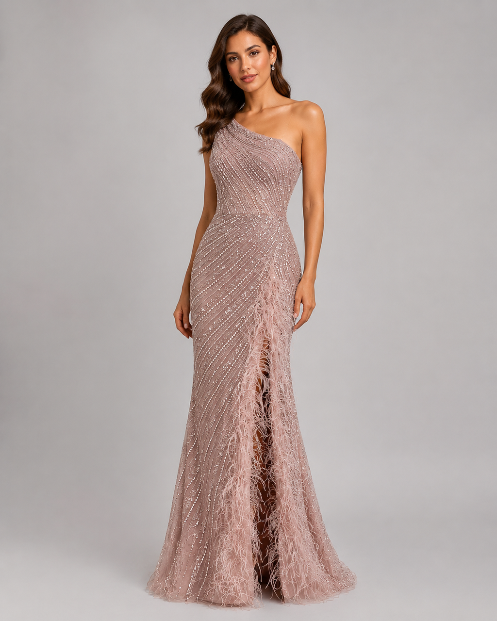 Dusty Blush One-Shoulder Beaded Evening Gown with Feather Slit Detail SL184