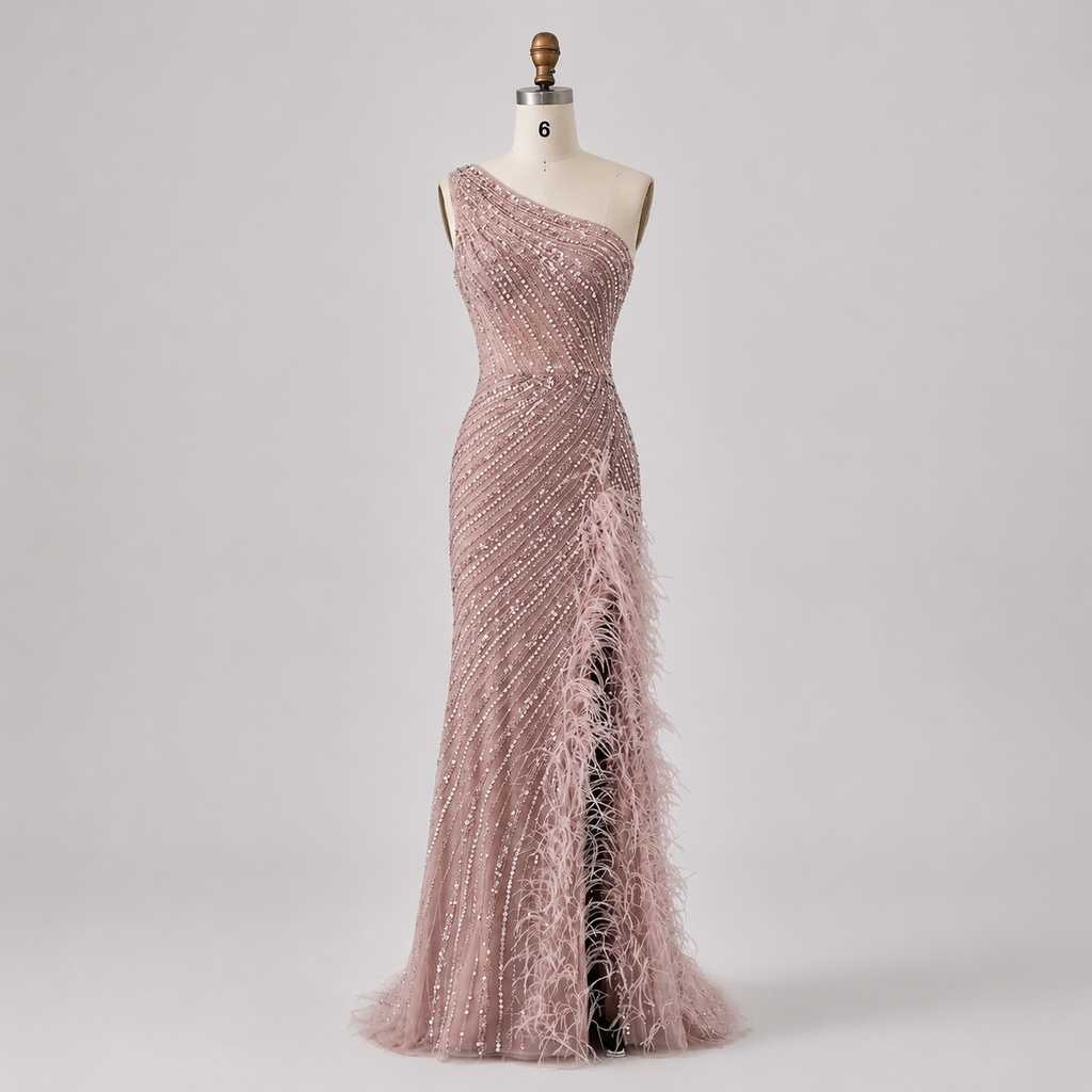 Dusty Blush One-Shoulder Beaded Evening Gown with Feather Slit Detail SL184