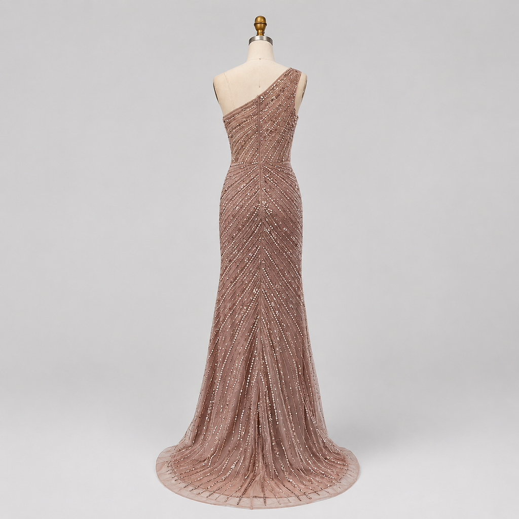 Dusty Blush One-Shoulder Beaded Evening Gown with Feather Slit Detail SL184