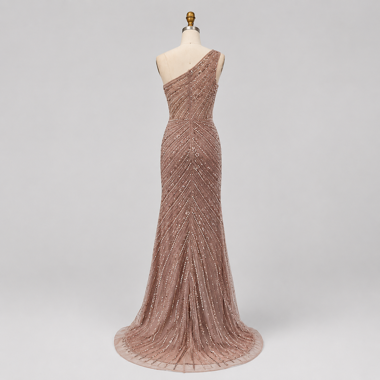 Dusty Blush One-Shoulder Beaded Evening Gown with Feather Slit Detail SL184