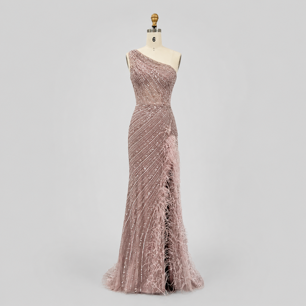 Dusty Blush One-Shoulder Beaded Evening Gown with Feather Slit Detail SL184