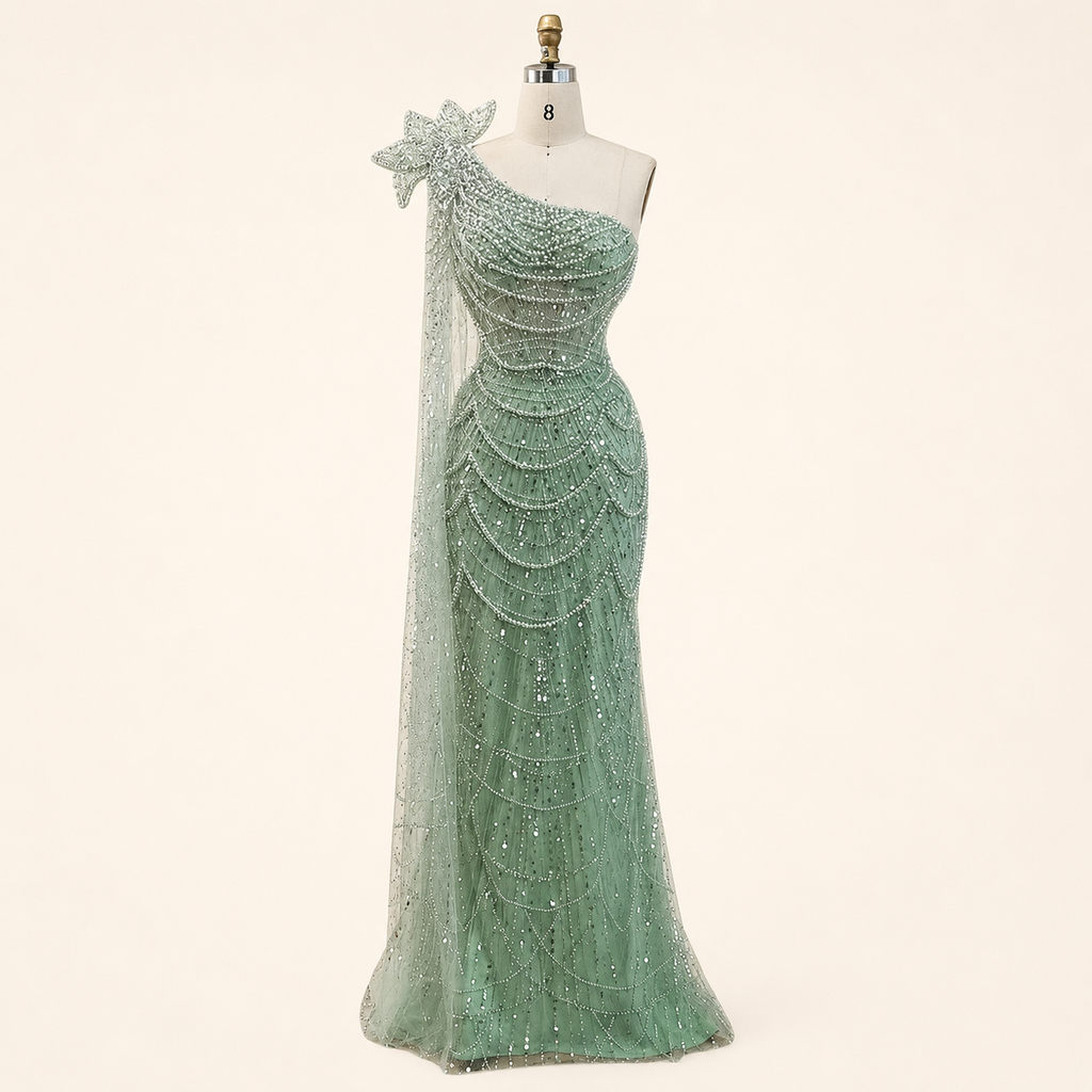 Sage Green One-Shoulder Beaded Evening Gown with Floral Cape Sleeve SL185