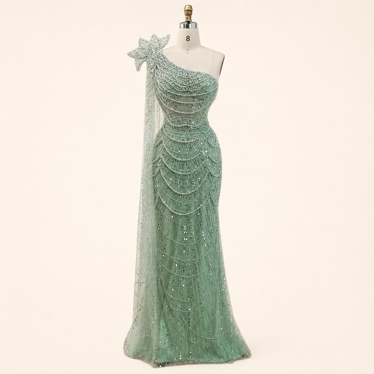 Sage Green One-Shoulder Beaded Evening Gown with Floral Cape Sleeve SL185