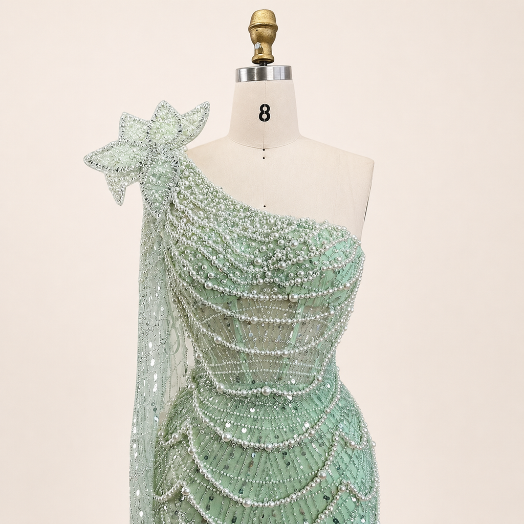 Sage Green One-Shoulder Beaded Evening Gown with Floral Cape Sleeve SL185