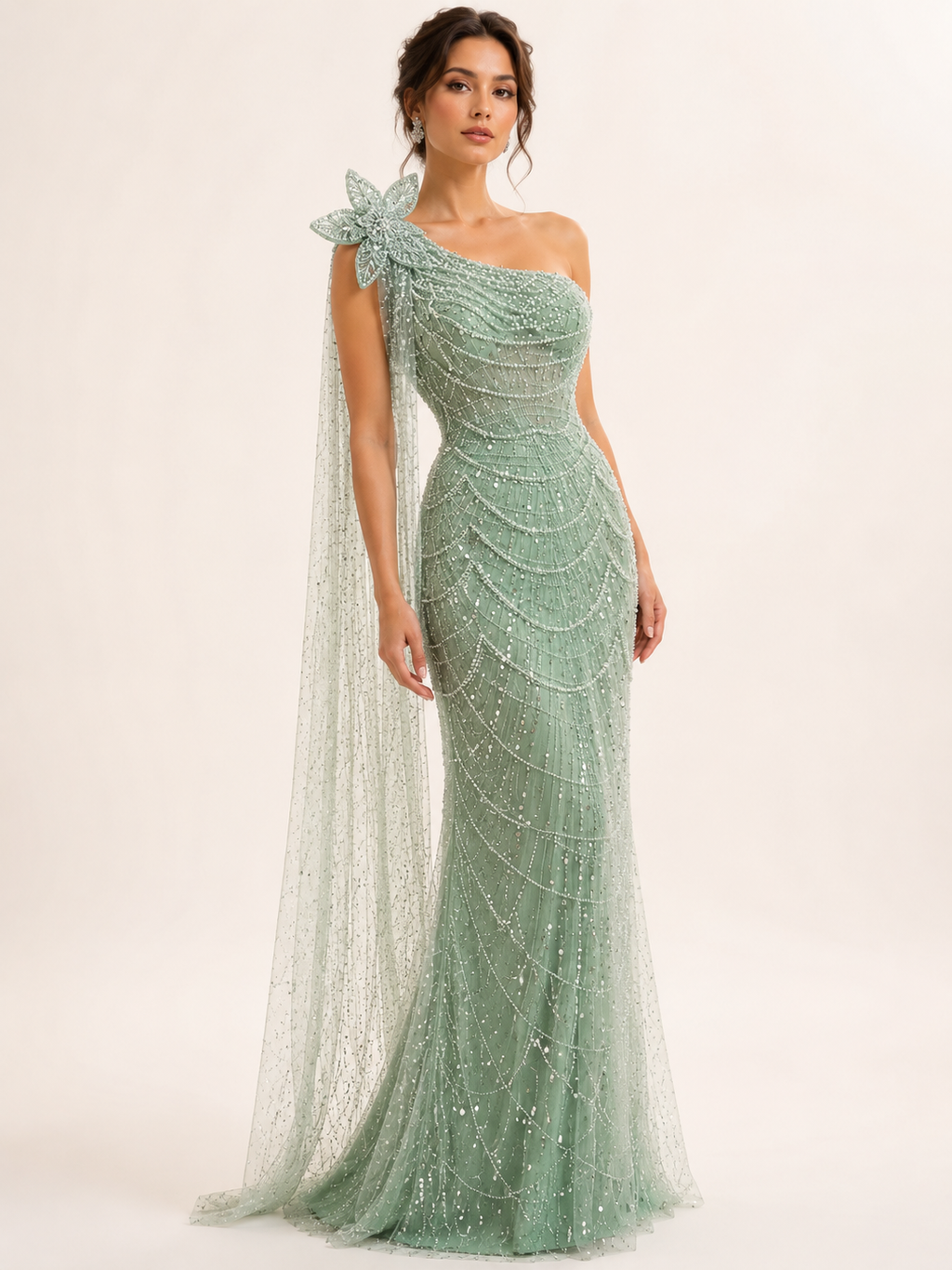Sage Green One-Shoulder Beaded Evening Gown with Floral Cape Sleeve SL185